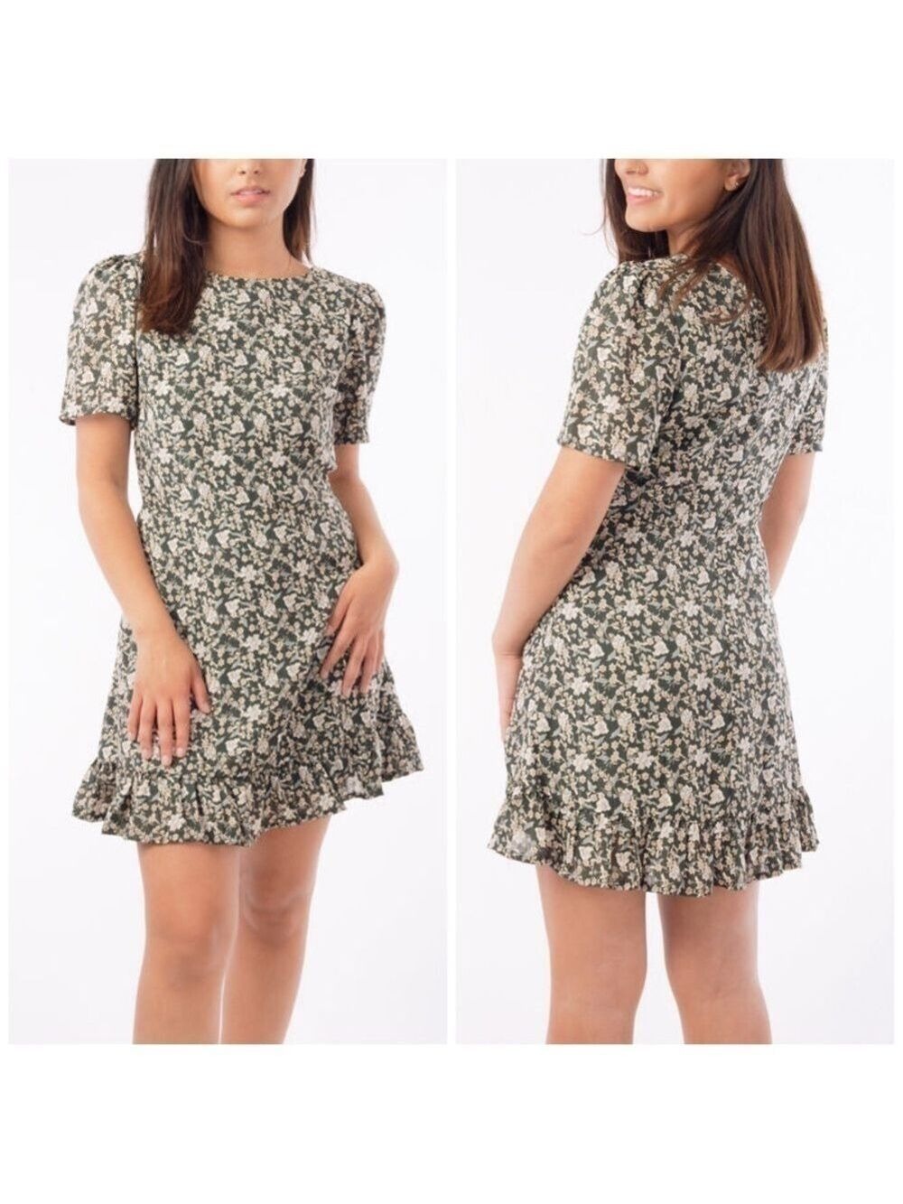 Dress Forum LA Floral High Neck Short Sleeve Ruffle Hem Short Hunter Green Dress